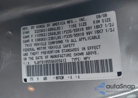 2009 Acura Rdx из США, поврежденный, VIN 5J8TB18559A005412